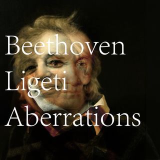 A collage of the faces of Ludwig van Beethoven and György Ligeti overlayed on top of each other.