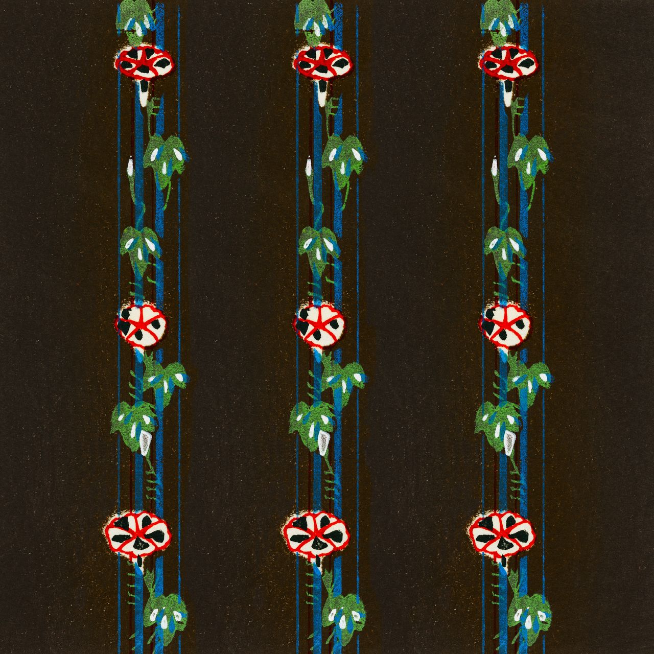 An illustration of ornamental organic patterns by Furuya Korin, (1904) … dark background with elements of blue, green and red.