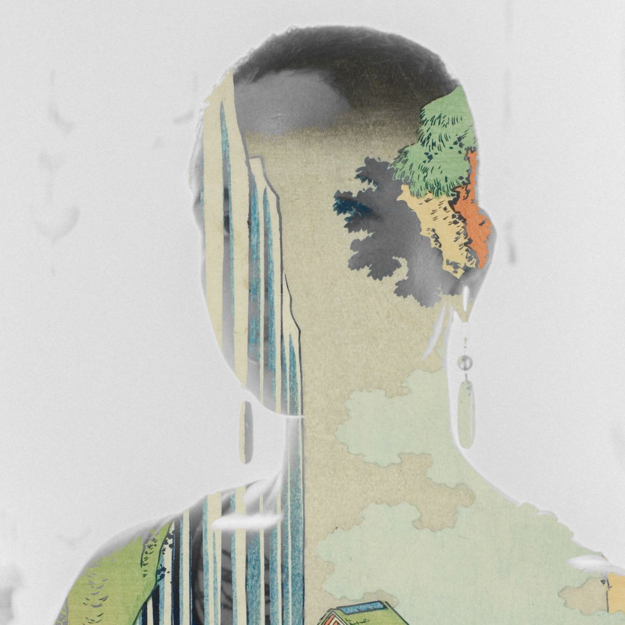 A picture of a person with a 19th century Japanese landscape painted by Katsushika Hokusai blended and overlayed onto the figure.