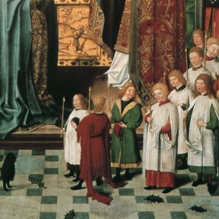 A detail from a painting depicting a medieval choir inside of a church.