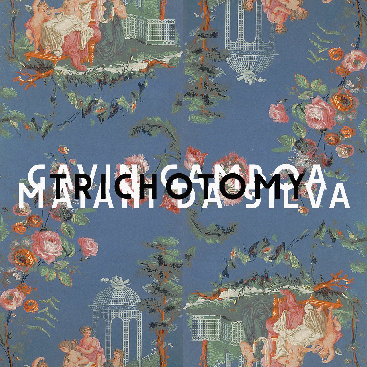 An ornate 18th-century French toile-style wallpaper or textile pattern in a dusty blue background. The design features romantic pastoral scenes with figures in classical dress positioned on swings among lush gardens.