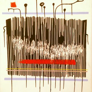 The image is an abstract artwork featuring vertical black lines that resemble drips or streaks, with a dense area of white lines interwoven within the black. Below this, a bold horizontal red stripe adds a striking contrast.